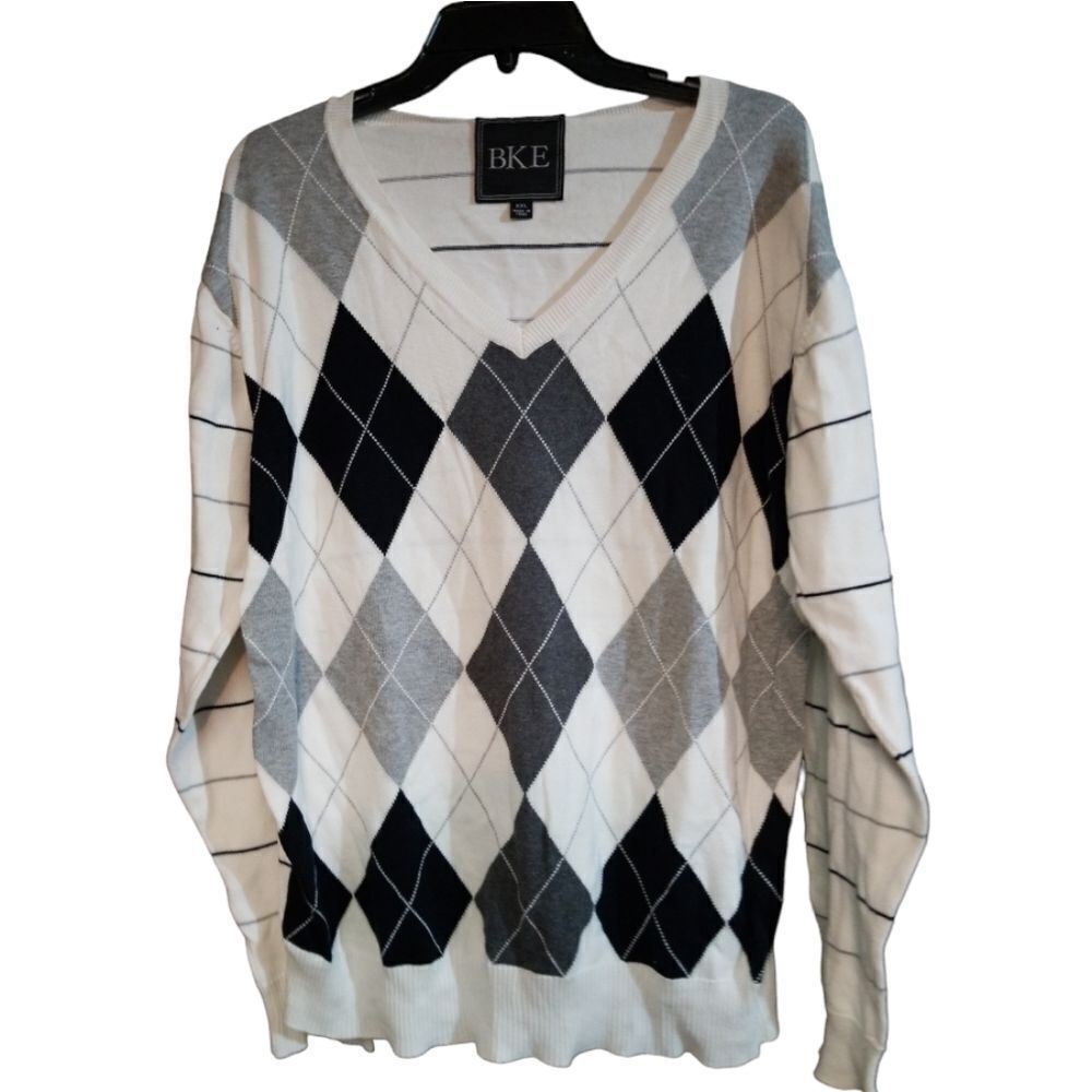 BKE Buckle Men's Argle Sweater White, Black and Gray V-neck Pullover XXL